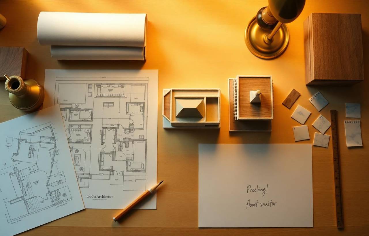 Architecture studio with floor plans and material samples