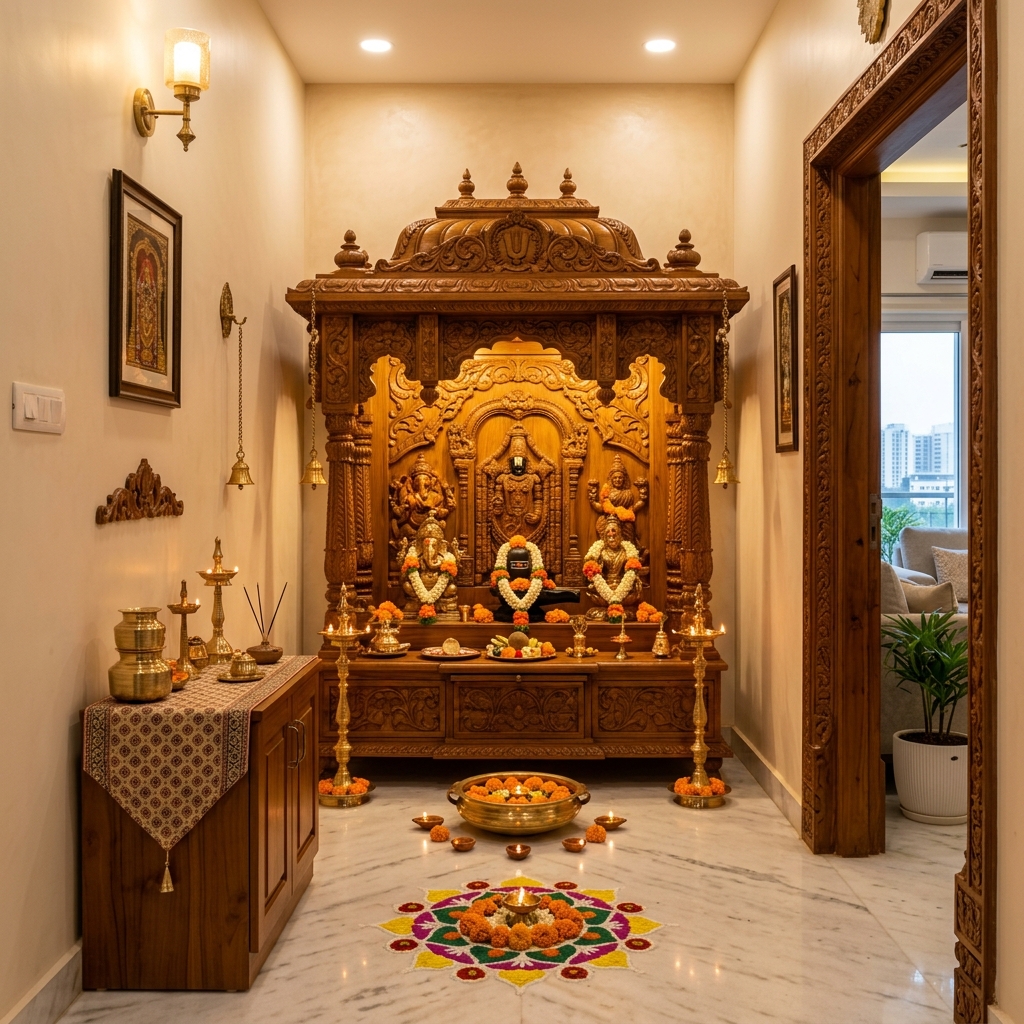 Traditional-Modern Pooja Room, Girinagar