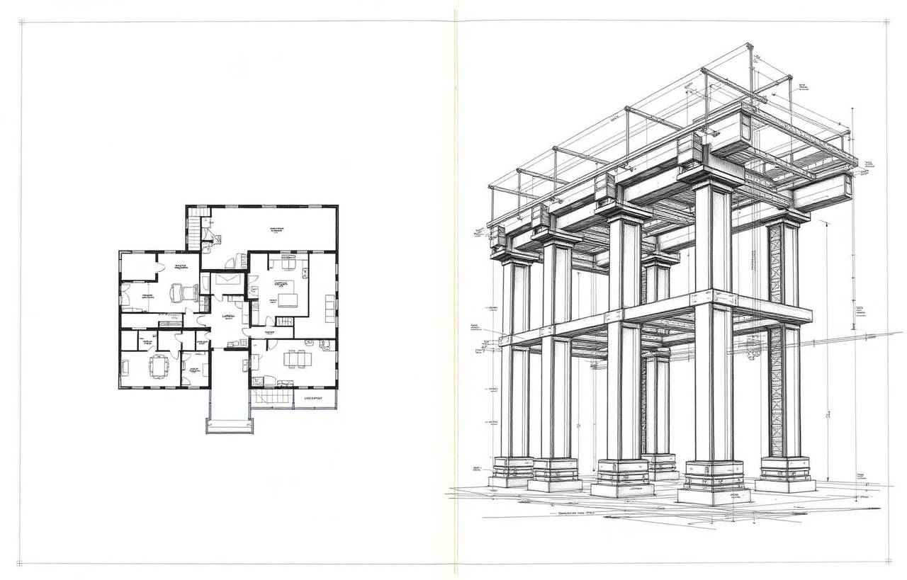 Architectural floor plan alongside structural RCC drawing