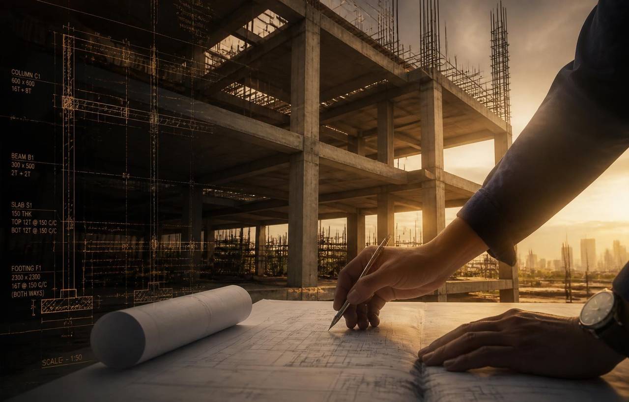 Structural design — RCC frame and engineer reviewing blueprints